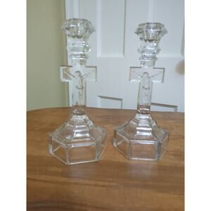 Vintage Pair Clear Glass Crucifix Candleholders Candlesticks